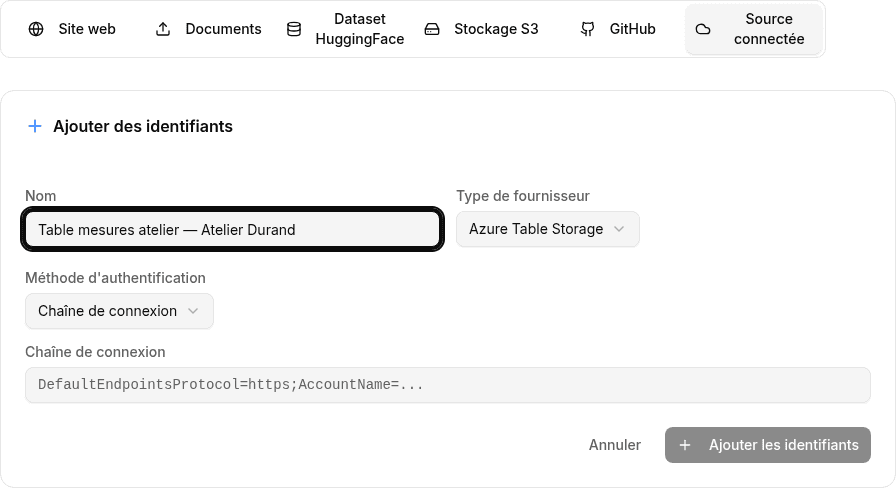 Formulaire de connexion Azure Table dans IgnitionRAG